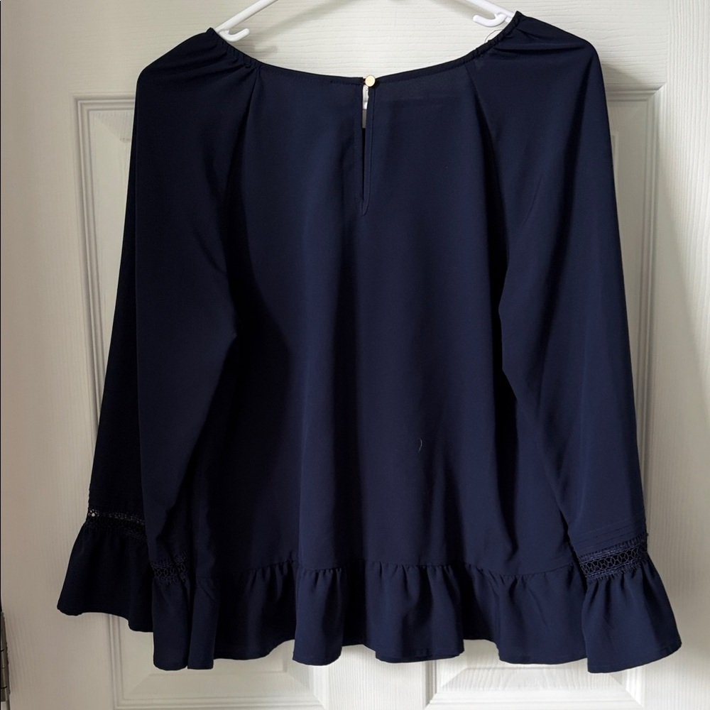 Navy Ruffle-Hem Blouse with Lace Trim - - Picture 6 of 6